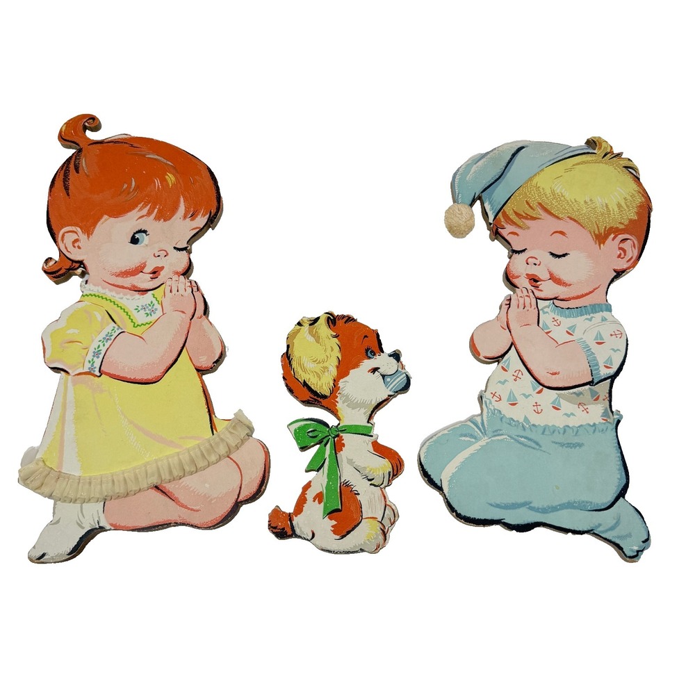 Vintage 1950s Dolly Toy Co‎ Praying Children Dog Nursery Wall Decor Set